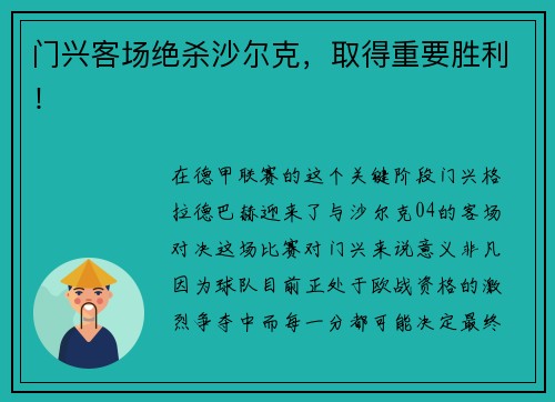 门兴客场绝杀沙尔克，取得重要胜利！